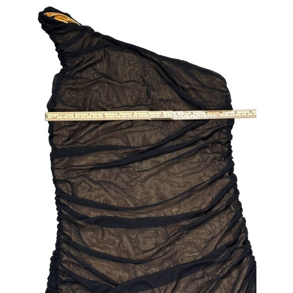 Black Mesh Ruched One-Shoulder Midi Dress By Lulus Size L - Picture 5 of 9